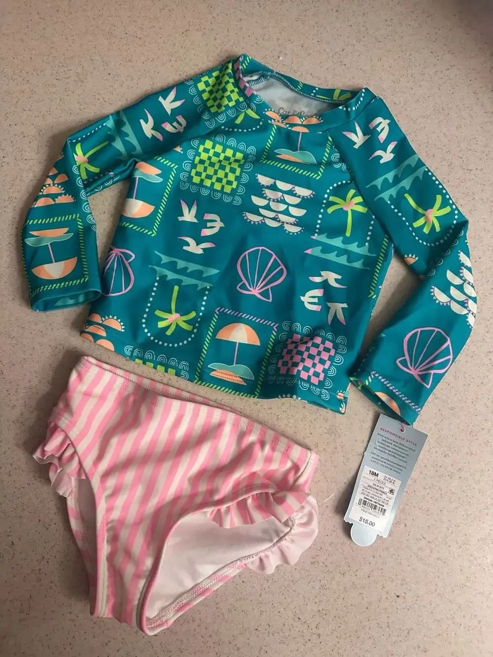 Cat & Jack Toddler Girls 2-Piece Tropical Print Long Sleeve Rash Guard Swimsuit